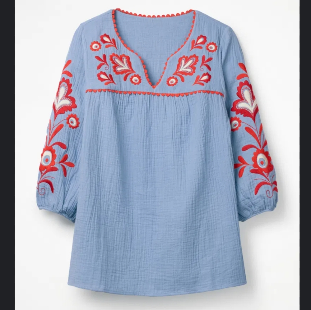 Boden Abigail Embroidered Blouse Top Gauze Floral Boho Blue Crinkle boho - Picture 3 of 11